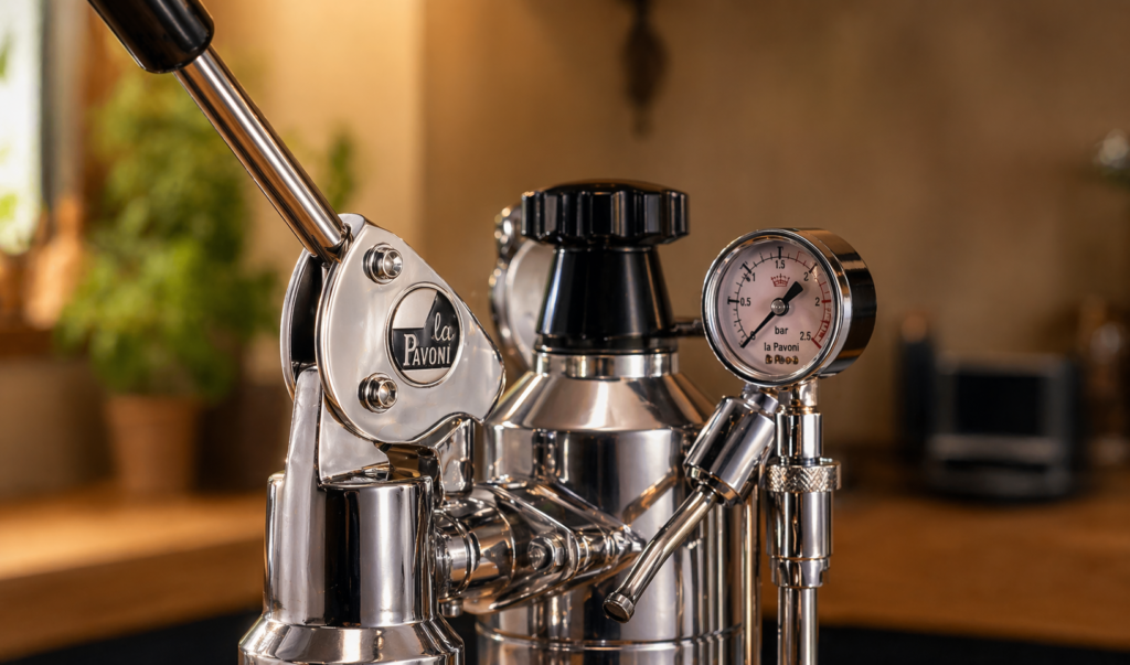 Détail levier et manomètre La Pavoni Professional Lusso