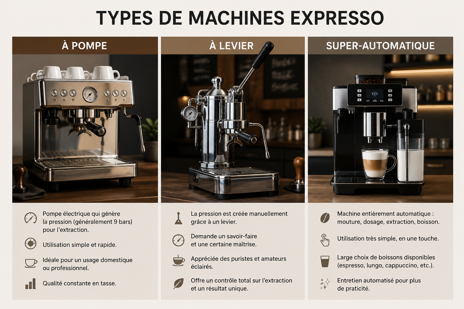 Types de machines espresso : à pompe, à levier, super-automatique
